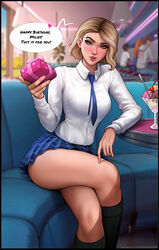  1boy 1girl 1girls absurd_res aroma_sensei birthday birthday_gift black_socks blonde blonde_hair blue_eyes blush cafe crossed_legs english_text eyebrow_piercing faceless_male female gift gwen_stacy gwen_stacy_(spider-verse) highres human knee_socks kneehighs kneesocks light-skinned_female light_skin looking_at_viewer marvel miles_morales pleated_skirt school_uniform schoolgirl shirt sitting skirt socks spider-man:_into_the_spider-verse spider-man_(series) teenager tie 