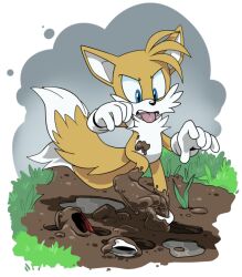  2017 2_tails 4_toes 5_fingers anthro blue_eyes canid canine cheek_tuft clothing disgusted_face facial_tuft feet fingers finimun fox gloves grass handwear male mammal mud multi_tail paws plant puddle sega shoe_loss solo sonic_the_hedgehog_(series) tail tails toes tongue tongue_out tuft 