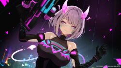  black_gloves black_shirt breasts bright_pupils character_name closed_mouth colored_inner_hair elbow_gloves female gloves grey_hair gun highres holding holding_gun holding_weapon horns indie_virtual_youtuber k_(art71) large_breasts motherv3 multicolored_hair pink_hair pink_horns purple_eyes rifle shirt short_hair sleeveless sleeveless_shirt sniper_rifle solo thank_you twitter_username upper_body virtual_youtuber weapon white_pupils 