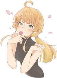  absurdres armpit_crease black_dress blonde_hair breasts candy cropped_torso dress ear_piercing eyebrows_hidden_by_hair female food green_eyes highres holding holding_candy holding_food holding_lollipop light_blush lollipop looking_at_viewer medium_breasts medium_hair mushoku_tensei norn_greyrat piercing ponytail root_(1732050807point) simple_background sleeveless sleeveless_dress solo white_background 