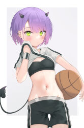  badao ball basketball_(object) black_horns black_shorts black_sports_bra blush breasts carrying carrying_under_arm character_name clothes_lift clothes_pull clothes_writing cowboy_shot crop_top demon_girl demon_horns ear_piercing female gradient_background gradient_hair green_eyes groin highres holding holding_ball hololive hololive_dance_practice_uniform horns inverted_cross_earrings lifting_own_clothes looking_at_viewer midriff multicolored_hair multiple_piercings navel navel_piercing official_alternate_costume official_alternate_hair_length official_alternate_hairstyle parted_lips piercing pointy_ears purple_hair shirt shirt_lift shirt_pull short_hair shorts small_breasts solo spike_piercing sports_bra sportswear stomach sweat swept_bangs t-shirt tail tail_ornament tail_piercing tokoyami_towa twitter_username very_sweaty virtual_youtuber white_shirt wiping_sweat 