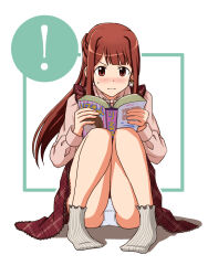  ! blush book border brown_eyes brown_hair closed_mouth commentary_request crotch_seam earrings female frown green_border grey_shirt grey_socks half_updo highres holding holding_book idolmaster idolmaster_million_live! jewelry lielos long_hair long_sleeves looking_at_viewer nose_blush panties pantyshot partial_commentary plaid_clothes plaid_skirt red_skirt ribbed_socks shadow shirt simple_background sitting skirt socks solo sweatdrop tanaka_kotoha underwear white_background white_panties 