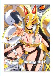  absurdres armor bikini_armor blowing_kiss breasts cleavage cowboy_shot digimon digimon_(creature) female fox_mask grey_hair highres large_breasts long_hair mask navel pied_piper revealing_clothes sakuyamon_x-antibody solo 