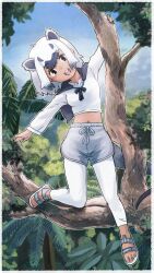  absurdres animal_ears black_eyes blue_sky bow bowtie extra_ears female full_body grey_hair highres kemono_friends long_hair looking_at_viewer mouse_ears mouse_girl mouse_tail nature navel northern_luzon_giant_cloud_rat_(kemono_friends) outdoors pants sandals shirt shorts sky solo tail toriny tree 