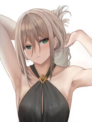  absurdres an-94_(girls&#039;_frontline) an-94_(silent_rouge)_(girls&#039;_frontline) armpits black_dress blonde_hair cozie178 dress evening_gown female girls&#039;_frontline green_eyes halter_dress halterneck highres looking_at_viewer official_alternate_costume ponytail sidelocks solo stretching upper_body white_background 