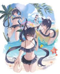  1boy animal_ears banana beach blue_archive blue_hair blush breasts butt_crack cleavage collarbone doodle_sensei_(blue_archive) female food fruit halo highres i_ruru laughing light_blush medium_breasts navel palm_tree pink_eyes pink_halo sensei_(blue_archive) serika_(blue_archive) serika_(swimsuit)_(blue_archive) sky smile tree twintails underboob 