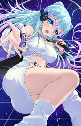  akirappy aqua_hair blue_eyes blue_hair breasts clothing_cutout cone_hair_bun female gradient_hair hair_bun headphones highres holding holding_microphone long_hair looking_at_viewer medium_breasts microphone monster_strike multicolored_hair navel navel_cutout neo_(monster_strike) open_mouth pink_hair solo 