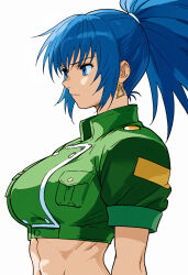  abs ai-generated blue_eyes blue_hair breasts crop_top earrings female from_side jewelry large_breasts leona_heidern long_hair maswaka midriff ponytail short_sleeves solo the_king_of_fighters triangle_earrings 