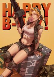  absurdres bandana blonde_hair blowing_bubbles box breasts brown_eyes camouflage chewing_gum cleavage crop_top female gift gift_box gun happy_birthday heavy_machine_gun highres hip_vent john_doe_(jdart) kasamoto_eri knee_pads lips load_bearing_vest machine_gun metal_slug military nose short_shorts shorts sleeveless small_breasts solo toned unmoving_pattern vest weapon wristband 