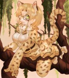  alternate_species anthro anthrofied biped blonde_hair blush bottomwear bow_(feature) bow_tie breasts clothed clothing detailed_background eyewear felid feline female footwear fur furrification glasses green_eyes hair hi_res in_tree kemono kemono_friends leaf legwear leopardus mammal margay margay_(kemono_friends) markings oohagari plant pupils shirt shoes short_hair skirt sleeveless slit_pupils solo spots spotted_body spotted_fur spotted_markings spotted_tail tail tail_markings tights topwear tree 