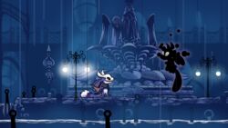  16:9 armor blue_body blue_fur cape city clothing fan_character featureless_(disambiguation) fountain fur headgear helmet hollow_knight melee_weapon raining sculpture shade_(hollow_knight) shadow_creature statue sword tachis_alopex team_cherry tibbit trevor-fox void_(hollow_knight) water weapon widescreen 