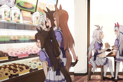  133431km animal_ears anthro bow brown_hair chocolate el_condor_pasa food grass_wonder green_eyes group headband mask oerba_yun_fang oguri_cap ponytail purple_eyes seifuku seiun_sun skirt special_week tail tamamo_cross thighhighs uma_musume:_pretty_derby white_hair 