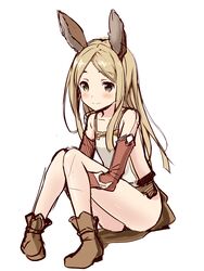  animal_ears backless_outfit bare_legs belt blonde_hair blush boots bridal_gauntlets collarbone commentary_request elbow_gloves erun_girl erune extra female flat_chest gloves granblue_fantasy green_eyes hugging_own_legs knees_together_feet_apart knees_up long_hair looking_at_viewer parted_bangs side_slit simple_background sitting smile solo souryuu_(double_dragon) white_background 