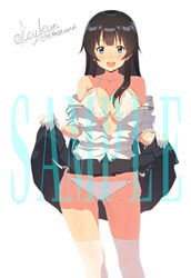  :d agano_(kancolle) alternate_costume bikini black_hair blush breasts cleavage clothes_lift clothes_pull collarbone commentary_request cowboy_shot female gloves green_eyes grey_skirt kantai_collection key_kun large_breasts lifting_own_clothes long_hair looking_at_viewer open_mouth sample_watermark shirt shirt_pull side-tie_bikini_bottom sidelocks simple_background skirt skirt_lift smile solo swimsuit teeth thighhighs thighs twitter_username uniform upper_teeth_only watermark white_background white_bikini white_gloves white_shirt white_thighhighs 