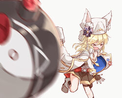  &gt;_&lt; animal_ear_fluff animal_ears animal_hat bad_id bad_pixiv_id black_socks blonde_hair blurry blurry_foreground blush bomb boots brown_footwear brown_gloves brown_skirt closed_eyes commentary_request depth_of_field explosive facing_viewer female fingerless_gloves fur_hat girls&#039;_frontline gloves goliath_(girls&#039;_frontline) grey_background hair_between_eyes hat highres jacket jacket_on_shoulders kneehighs long_hair long_sleeves matsuo_(matuonoie) motion_blur nagant_revolver_(girls&#039;_frontline) nagant_revolver_(mod3)_(girls&#039;_frontline) non-humanoid_robot open_mouth pleated_skirt robot sangvis_ferri shadow shirt skirt socks solo standing standing_on_one_leg throwing v-shaped_eyebrows white_hat white_jacket white_shirt 