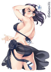  adjusting_hair ass back bikini blush breasts brown_eyes closed_mouth commentary_request ebifurya female flower from_behind hair_flower hair_ornament highres kantai_collection large_breasts looking_at_viewer looking_back medium_hair official_alternate_costume purple_hair sarong sideboob simple_background smile solo swimsuit tatsuta_(kancolle) tatsuta_(swimsuit_mode)_(kancolle) twitter_username white_background 