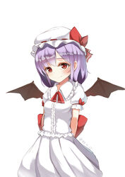  absurdres anhao arm_ribbon arms_behind_back ascot bat_wings bow collared_shirt commentary_request cowboy_shot dress eyebrows female frilled_dress frilled_shirt frilled_shirt_collar frilled_sleeves frills hat hat_ribbon highres looking_at_viewer mob_cap oerba_yun_fang photoshop_(medium) puffy_short_sleeves puffy_sleeves purple_hair red_eyes red_ribbon remilia_scarlet ribbon shirt short_hair short_sleeves simple_background skirt skirt_set smile solo touhou white_background wing_collar wings 