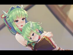  2girls :o blunt_bangs blush commentary_request detached_sleeves dutch_angle fuuko_(sennen_sensou_aigis) green_eyes green_hair hair_intakes hair_ribbon hug indoors kibanda_gohan kuuko_(sennen_sensou_aigis) letterboxed multiple_girls red_ribbon ribbon sennen_sensou_aigis siblings sidelocks sisters smile standing tears wide_sleeves 