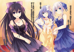  3girls bag bare_shoulders blue_eyes blue_hair blush breasts cleavage date_a_live dress earrings flower hair_flower hair_ornament hand_on_own_hip handbag highres izayoi_miku jewelry large_breasts looking_at_viewer multiple_girls necklace official_art one_eye_closed purple_eyes purple_hair smile tobiichi_origami translation_request tsunako white_hair yatogami_tooka 