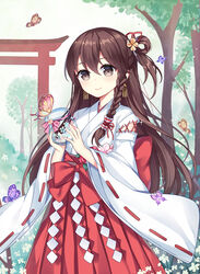  absurdres animal blush bow braid brown_eyes brown_hair bug butterfly chuor_(chuochuoi) closed_mouth commentary day earrings female flower hair_between_eyes hair_ribbon hakama hakama_skirt hands_up head_tilt highres holding japanese_clothes jewelry kimono long_hair long_sleeves looking_at_viewer miko one_eye_closed original outdoors photoshop_(medium) pink_flower red_bow red_flower red_hakama red_ribbon red_rose ribbon ribbon-trimmed_sleeves ribbon_trim rose short_kimono side_braid single_braid skirt smile solo standing symbol-only_commentary torii tree very_long_hair white_kimono wide_sleeves 