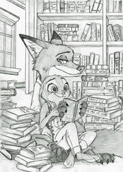  absurd_res anthro book bookshelf button_(fastener) canid canine claws clothing detailed_background disney drawing duo english_text female fox fur furniture greyscale hi_res hug judy_hopps lagomorph leporid long_ears male mammal monochrome nick_wilde rabbit red_fox shadow-gate smile text true_fox window ziegelzeig zootopia 