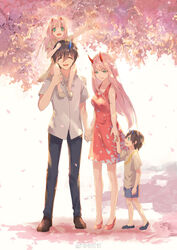  2boys 2girls absurdres bangs bare_shoulders black_hair black_pants blue_eyes blue_footwear blue_horns breasts brown_footwear carrying cherry_blossoms chu_dengdeng closed_eyes collarbone collared_shirt commentary_request couple darling_in_the_franxx dress dual_persona eyebrows_visible_through_hair green_eyes hand_holding hand_on_another&#039;s_leg high_heels highres hiro_(darling_in_the_franxx) holding horns interlocked_fingers lolicon long_hair looking_at_another medium_breasts multiple_boys multiple_girls no_socks oni_horns pants petals pink_hair red_dress red_footwear red_horns reincarnation shirt short_hair short_sleeves shorts shoulder_carry sitting sleeveless sleeveless_dress straight time_paradox what_if white_footwear white_shirt wing_collar zero_two_(darling_in_the_franxx) 