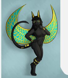  2017 anthro anubian black_body black_fur black_hair black_lips black_sclera crossed_legs digital_media_(artwork) digitigrade domestic_cat egyptian felid feline felis full-length_portrait fur hair hi_res lips looking_away mammal may825 nefermasi portrait solo unusual_anatomy unusual_wings wings yellow_ears yellow_wings 