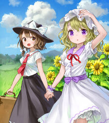  2girls :o alternate_costume ama-tou bag black_skirt blonde_hair bloomers blue_sky blush bow brown_eyes brown_hair cloud cloudy_sky commentary_request day dress flower foxfactory hairbow hat hat_bow holding_hands long_skirt maribel_hearn midriff_peek mob_cap multiple_girls navel necktie open_mouth outdoors purple_eyes red_necktie red_ribbon ribbon shirt short_hair short_sleeves skirt sky smile summer sundress sunflower touhou tree underwear usami_renko white_bow white_dress white_shirt wrist_cuffs 