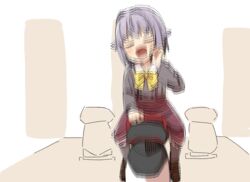  :d blush bow closed_eyes commentary_request female hair_intakes highres idolmaster idolmaster_cinderella_girls koshimizu_sachiko light_purple_hair motion_blur open_mouth riding riding_machine short_hair smile solo yukie_(kusaka_shi) 