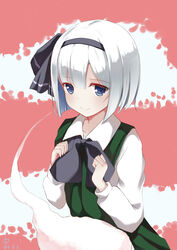  absurdres anhao black_hairband blue_eyes bob_cut bow bowtie closed_mouth collared_shirt commentary_request dated dress dress_shirt eyebrows female ghost green_skirt green_vest hairband hairbow hands_up highres hitodama konpaku_youmu konpaku_youmu_(ghost) long_sleeves looking_at_viewer photoshop_(medium) ribbon shirt short_hair signature skirt smile solo touhou upper_body vest white_hair white_shirt wing_collar 