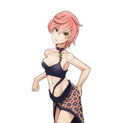  breasts brown_eyes choker cleavage collarbone commentary_request female groin hair_between_eyes hand_on_own_ass jojo_no_kimyou_na_bouken kinpun_(fgxdw447) looking_at_viewer navel pink_hair short_hair simple_background skirt sleeveless small_breasts solo standing trish_una vento_aureo white_background 