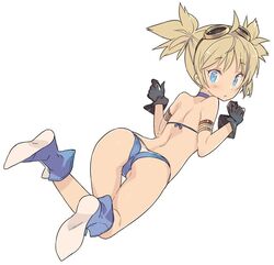  ass bikini blade_(galaxist) blonde_hair blue_eyes blush boots choker commentary_request female from_behind full_body gloves goggles goggles_on_head granblue_fantasy looking_back pengy_(granblue_fantasy) short_hair short_twintails simple_background solo swimsuit twintails white_background 