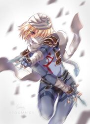  androgynous bandages blonde_hair braid breasts commentary_request dark-skinned_female dark_skin female gloves hat lazoomaiga long_hair looking_at_viewer mask pointy_ears red_eyes reverse_trap sheik simple_background single_braid solo super_smash_bros. surcoat the_legend_of_zelda the_legend_of_zelda:_ocarina_of_time turban weapon 