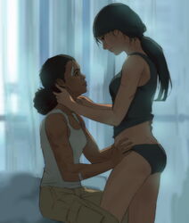  2girls ass bandaid bare_shoulders black_shirt butt_crack chloe_frazer commentary dark-skinned_female dark_skin english_commentary flat_ass hand_in_own_hair hands_on_another&#039;s_hips highres interracial kisetsu long_hair looking_at_another looking_down looking_up low_ponytail multiple_girls nadine_ross scar shadow shirt sitting smile tank_top uncharted uncharted:_the_lost_legacy very_dark_skin white_shirt yuri 