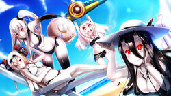  3girls :d ;) abyssal_ship ahoge air_defense_princess aircraft aircraft_carrier_oni airplane alternate_costume armpits arms_up barefoot battleship_princess battleship_summer_princess beach beach_chair bikini black_bikini black_hair blue_sky blush breasts cleavage cloud cloudy_sky colored_skin commentary_request day escort_fortress_(kancolle) fuuki_(te_fuukin) hachimaki hat headband headgear highres horizon horns kantai_collection large_breasts long_hair lying medium_breasts mittens multiple_girls navel northern_ocean_princess ocean on_stomach one_eye_closed one_side_up open_mouth outdoors red_eyes sky small_breasts smile sun_hat swimsuit white_bikini white_hair white_skin 