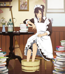  apron black_hair blurry book book_stack broom closed_eyes clothes_grab commentary female flower frills glasses hair_bun hot indoors lantern maid maid_apron maid_headdress original photoshop_(medium) single_hair_bun sitting soaking_feet solo suzushiro_(suzushiro333) sweat unworn_eyewear vase washtub window 