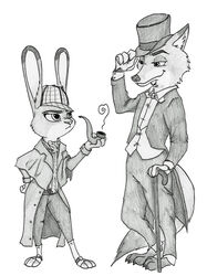  3_toes 4_fingers absurd_res anthro barefoot belt bow_(feature) bow_tie button_(fastener) canid canine claws clothed clothing coat cravat deerstalker_hat dipstick_ears disney drawing duo ear_markings feet female fingers fox frown fully_clothed fur gloves green_eyes grey_body grey_fur greyscale hand_on_hip handwear hat headgear headwear hi_res holding_clothing holding_hat holding_headgear holding_headwear holding_object inner_ear_fluff jacket judy_hopps lagomorph leporid long_coat long_ears looking_at_another male mammal monochrome multicolored_ears nick_wilde purple_eyes rabbit red_fox shadow-gate shirt side_view simple_background smile smoke smoking_pipe standing suit tailcoat toes top_hat topwear true_fox tuft vest walking_stick white_background ziegelzeig zootopia 