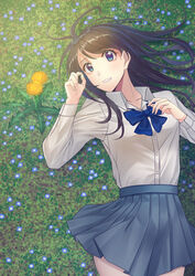  black_hair blue_bow blue_bowtie blue_eyes blue_flower blue_skirt bow bowtie collarbone commentary_request cowboy_shot dandelion dress_shirt female flower from_above grass grin long_hair long_sleeves looking_at_viewer lying miniskirt on_back on_grass original pleated_skirt school_uniform shirt skirt smile solo sterilizedgauze-qhx white_shirt wing_collar yellow_flower 