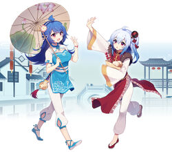  2girls ahoge bili_girl_22 bili_girl_33 bilibili blue_hair blush breasts commentary_request flat_chest flats flower hair_flower hair_ornament large_breasts long_hair long_sleeves looking_at_another multiple_girls oil-paper_umbrella one_side_up open_mouth pagoda parted_lips pointy_ears sharlorc shoes short_hair short_sleeves smile umbrella 