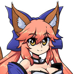  animal_ear_fluff animal_ears bad_id bad_pixiv_id bare_shoulders blue_kimono blue_ribbon breasts cleavage detached_sleeves fate/extra fate/grand_order fate_(series) female fox_ears fox_girl fox_tail godichi hair_ribbon japanese_clothes kimono large_breasts light_smile looking_at_viewer pink_hair red_eyes ribbon simple_background solo tail tamamo_(fate) tamamo_no_mae_(fate/extra) upper_body white_background yellow_eyes 