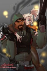  armor azaleesh belt black_hair blizzard_(disambiguation) blizzard_entertainment blue_eyes brown_eyes clothing facial_hair gloves goatee gun hair handwear hi_res hood human mammal mercy not_furry overwatch ponytail ranged_weapon reaper_(overwatch) romantic romantic_ambiance romantic_couple smile weapon white_hair zipper 