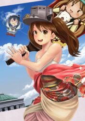  :d abazu-red alternate_costume bare_shoulders batsubyou blue_sky brown_eyes brown_hair cameo carrying clothes_down cloud cloudy_sky commentary_request day error_musume feline female girl_holding_a_cat_(kancolle) hagoita japanese_clothes kantai_collection kimono kite long_hair looking_at_viewer new_year open_mouth paddle ryuujou_(kancolle) sarashi school_uniform serafuku sky smile solo tokitsukaze_(kancolle) twintails visor_cap 