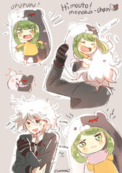  +_+ 1boy absurdres animal_costume bear_costume character_hood chibi commentary_request cosplay danganronpa_(series) danganronpa_3_(anime) doma_umaru doma_umaru_(cosplay) english_text female green_eyes green_hair hakamii highres himouto!_umaru-chan hood komaeda_nagito komaru_(himouto!_umaru-chan) long_hair monokuma nintendo parody romaji_text smile title_parody towa_monaca 