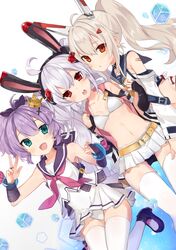  3girls :d ahoge animal_ears ayanami_(azur_lane) ayanami_(retrofit)_(azur_lane) azur_lane bandaid bandaid_on_arm bare_shoulders bikini bikini_top_only bikini_under_clothes black_hairband blue_sailor_collar breasts bridal_gauntlets collarbone commentary_request crown cube detached_sleeves dress dutch_angle fingernails green_eyes hair_between_eyes hair_ornament hair_ribbon hairband hairclip headgear high_heels highres holding_hands interlocked_fingers jacket javelin_(azur_lane) javelin_(retrofit)_(azur_lane) laffey_(azur_lane) laffey_(retrofit)_(azur_lane) light_brown_hair long_hair long_sleeves mini_crown multiple_girls navel neckerchief no_shirt oerba_yun_fang open_clothes open_jacket open_mouth orqz panties parted_lips pink_jacket pink_neckerchief pleated_skirt ponytail purple_footwear purple_hair purple_ribbon purple_sailor_collar rabbit_ears red_eyes ribbon round_teeth sailor_collar school_uniform serafuku shirt shoes skirt sleeveless sleeveless_jacket sleeveless_shirt sleeves_past_wrists small_breasts smile stomach swimsuit teeth thighhighs twintails underwear upper_teeth_only v very_long_hair white_bikini white_dress white_hair white_panties white_shirt white_skirt white_thighhighs wisdom_cube_(azur_lane) 