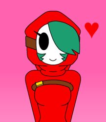  darkshadow featureless_(disambiguation) female green_hair hair heart_symbol humanoid mario_bros nintendo not_furry pink_background shyguy simple_background smile solo standing 