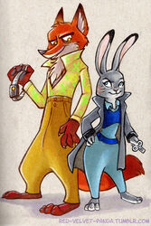  2016 anthro caliosidhe canid canine collar disney duo female fox fur judy_hopps lagomorph leporid male mammal nick_wilde rabbit red_fox shock_collar simple_background true_fox white_background zistopia zootopia 