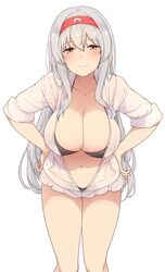  absurdres bad_id bad_twitter_id bikini black_bikini blush breasts brown_eyes cleavage collarbone female hairband highres hood hoodie kantai_collection large_breasts light_smile long_hair navel open_clothes open_hoodie shoukaku_(kancolle) simple_background solo suisen_toire_(moko924) swimsuit white_background white_hair 