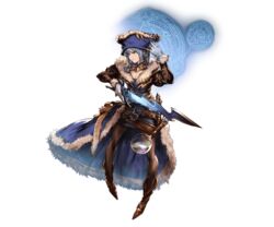  blue_eyes blue_hair boots collar female fingerless_gloves full_body fur_trim gloves granblue_fantasy hat holding holding_weapon jewelry juliet_sleeves long_coat long_sleeves looking_at_viewer magnifying_glass minaba_hideo miniskirt official_art pantyhose puffy_sleeves skirt smile solo sword therese_(granblue_fantasy) transparent_background weapon 