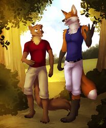  anthro canid canine duo fox gothwolf gulonine male mammal marten mustelid musteline park 