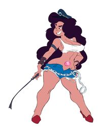  breasts capcom chains cleavage collar cosplay crop_top cuffs denim denim_shorts female final_fight gem handcuffs hat high_heels highres long_hair peaked_cap poison_(final_fight) poison_(final_fight)_(cosplay) short_shorts shorts slb solo steven_universe stevonnie_(steven_universe) street_fighter very_long_hair wavy_hair 